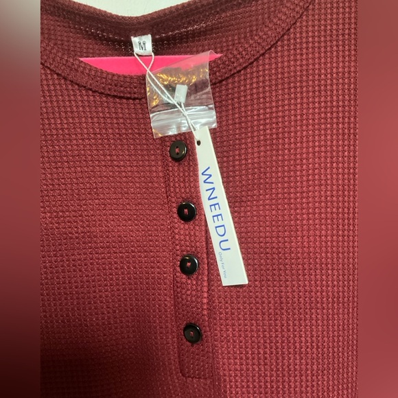 WNEEDU Waffle Knit Tunic Loose Long Sleeve Button V Neck Henley Wine Red Size M - Picture 6 of 9